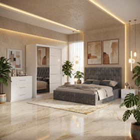 Dormitor Iris Gri cu Pat Tapitat , Dresing 150, Comoda si Noptiere