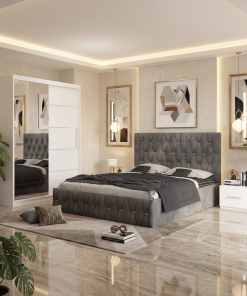 Dormitor Iris Gri cu Pat Tapitat , Dresing 150 si Noptiere