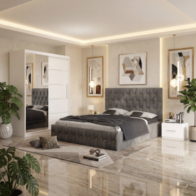 Dormitor Iris Gri cu Pat Tapitat , Dresing 150 si Noptiere