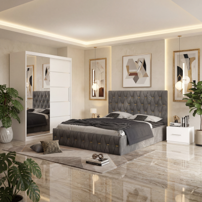 Dormitor Iris Gri cu Pat Tapitat , Dresing 150 si Noptiere