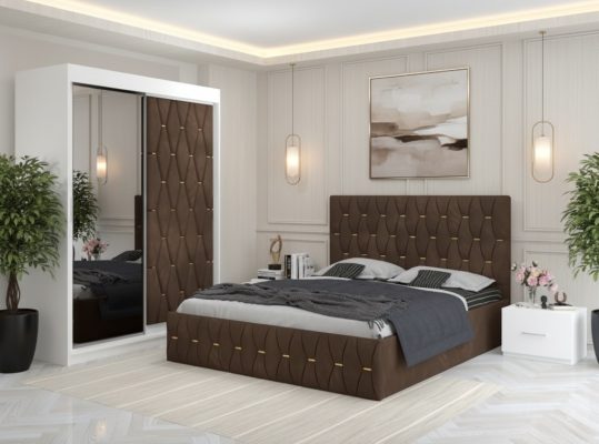 Dormitor Iris Maro cu Dressing Tapitat si 2 Noptiere