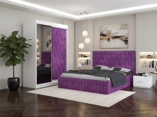 Dormitor Iris Mov cu Dressing Tapitat si 2 Noptiere