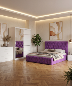 Dormitor Iris Mov cu Pat Tapitat , Dresing 150, Comoda si Noptiere