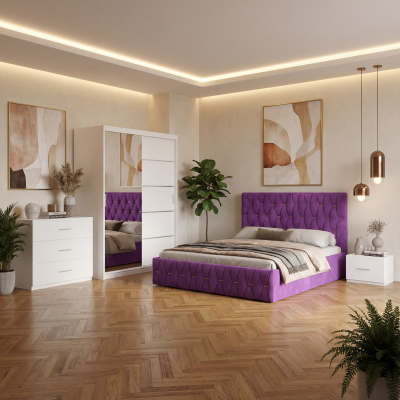 Dormitor Iris Mov cu Pat Tapitat , Dresing 150, Comoda si Noptiere