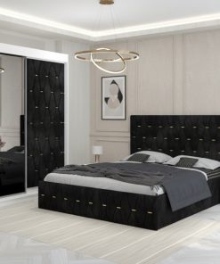 Dormitor Iris Negru cu Dressing Tapitat si 2 Noptiere