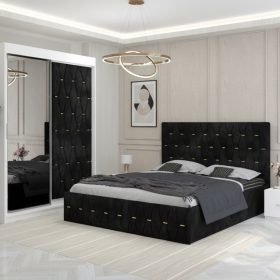 Dormitor Iris Negru cu Dressing Tapitat si 2 Noptiere