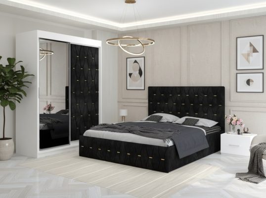 Dormitor Iris Negru cu Dressing Tapitat si 2 Noptiere