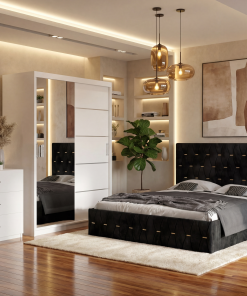 Dormitor Iris Negru cu Pat Tapitat , Dresing 150, Comoda si Noptiere