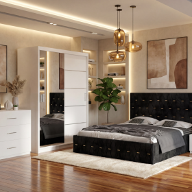 Dormitor Iris Negru cu Pat Tapitat , Dresing 150, Comoda si Noptiere