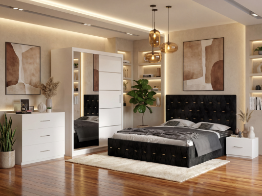 Dormitor Iris Negru cu Pat Tapitat , Dresing 150, Comoda si Noptiere