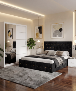 Dormitor Iris Negru cu Pat Tapitat , Dresing 150 si Noptiere