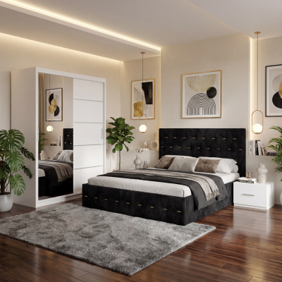 Dormitor Iris Negru cu Pat Tapitat , Dresing 150 si Noptiere