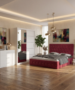 Dormitor Iris Rosu cu Pat Tapitat , Dresing 150, Comoda si Noptiere