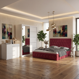 Dormitor Iris Rosu cu Pat Tapitat , Dresing 150, Comoda si Noptiere