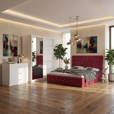 Dormitor Iris Rosu cu Pat Tapitat , Dresing 150, Comoda si Noptiere