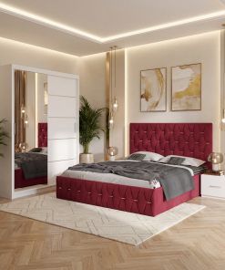 Dormitor Iris Rosu cu Pat Tapitat , Dresing 150 si Noptiere