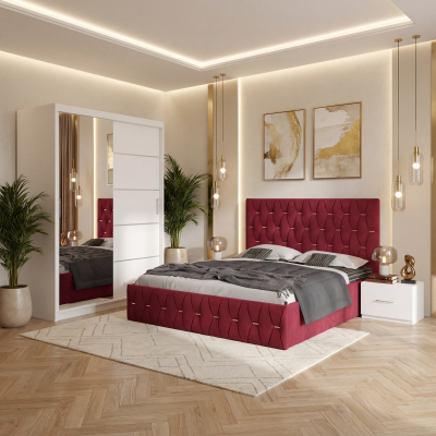 Dormitor Iris Rosu cu Pat Tapitat , Dresing 150 si Noptiere