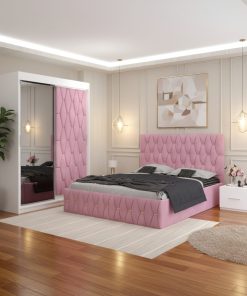 Dormitor Iris Roz cu Dressing Tapitat si 2 Noptiere