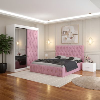 Dormitor Iris Roz cu Dressing Tapitat si 2 Noptiere