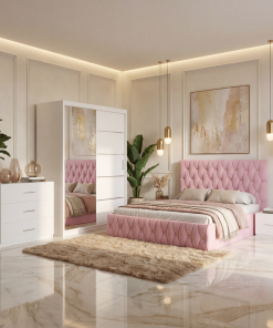 Dormitor Iris Roz cu Pat Tapitat , Dresing 150, Comoda si Noptiere