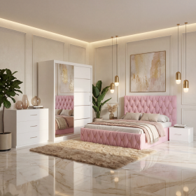 Dormitor Iris Roz cu Pat Tapitat , Dresing 150, Comoda si Noptiere