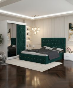 Dormitor Iris Verde cu Dressing Tapitat si 2 Noptiere