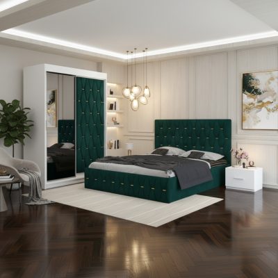 Dormitor Iris Verde cu Dressing Tapitat si 2 Noptiere