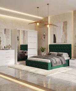 Dormitor Iris Verde cu Pat Tapitat , Dresing 150, Comoda si Noptiere