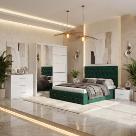 Dormitor Iris Verde cu Pat Tapitat , Dresing 150, Comoda si Noptiere