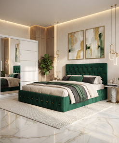 Dormitor Iris Verde cu Pat Tapitat , Dresing 150 si Noptiere