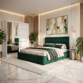 Dormitor Iris Verde cu Pat Tapitat , Dresing 150 si Noptiere