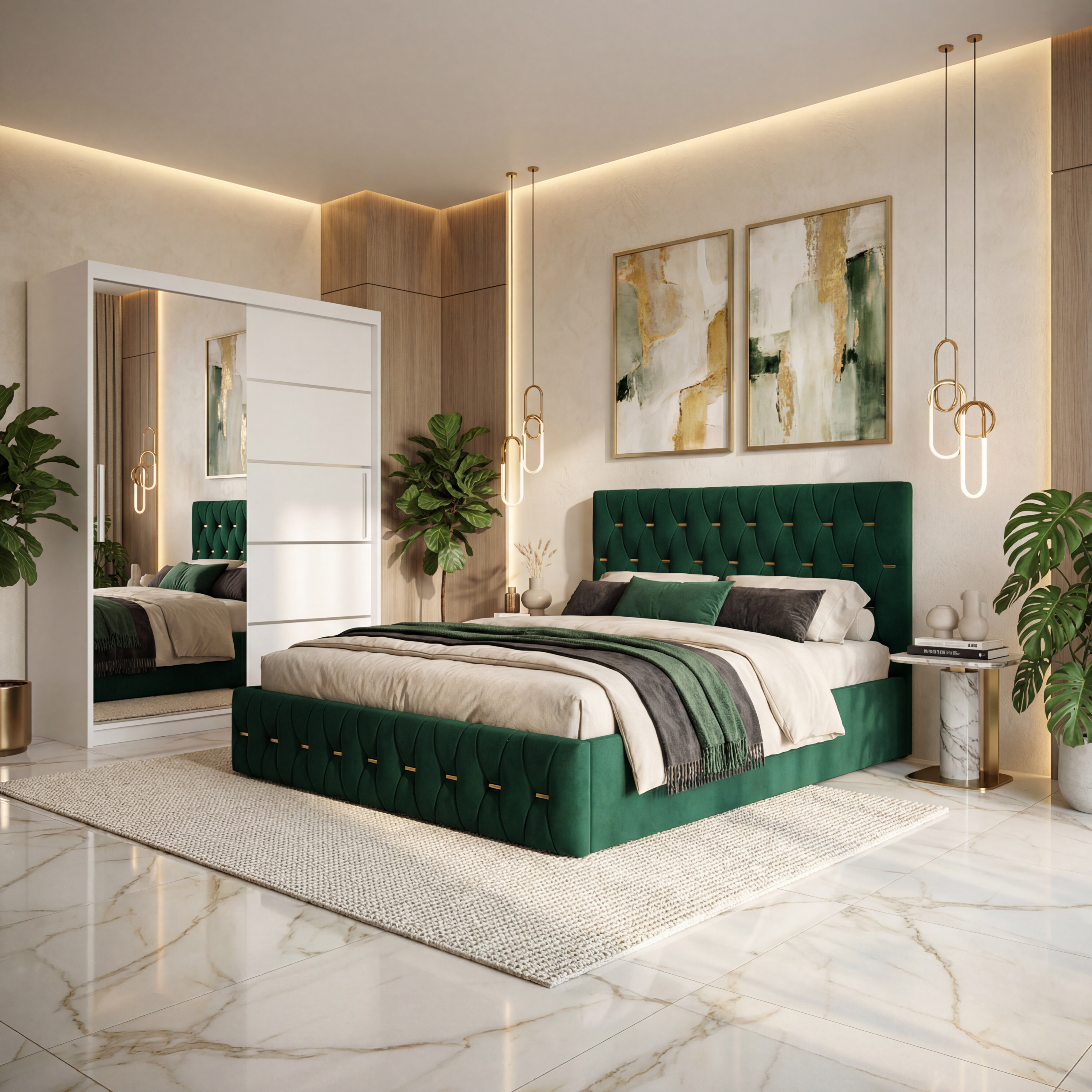 Dormitor Iris Verde cu Pat Tapitat , Dresing 150 si Noptiere