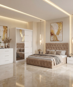 Dormitor Iris Crem cu Pat Tapitat , Dresing 150, Comoda si Noptiere