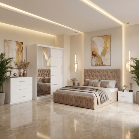 Dormitor Iris Crem cu Pat Tapitat , Dresing 150, Comoda si Noptiere