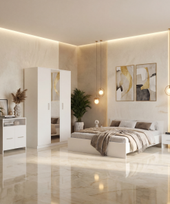 Dormitor Zoe Alb Sifonier cu Oglinda si Pat cu 2 Noptiere Si Comoda