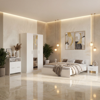 Dormitor Zoe Alb Sifonier cu Oglinda si Pat cu 2 Noptiere Si Comoda