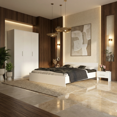 Dormitor Zoe Alb  Sifonier si pat cu 2 noptiere