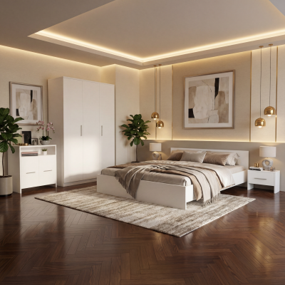 Dormitor Zoe Alb cu Comoda Dressing si doua noptiere