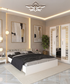 Dormitor Zoe Gold Alb Dulap Cu Oglinda si Pat cu 2 Noptiere