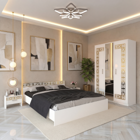 Dormitor Zoe Gold Alb Dulap Cu Oglinda si Pat cu 2 Noptiere