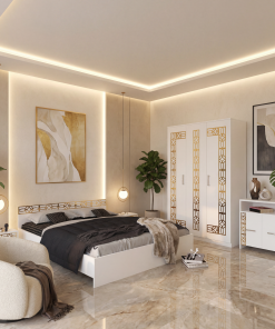 Dormitor Zoe Gold Alb Dulap Pat cu 2 noptiere si Comoda