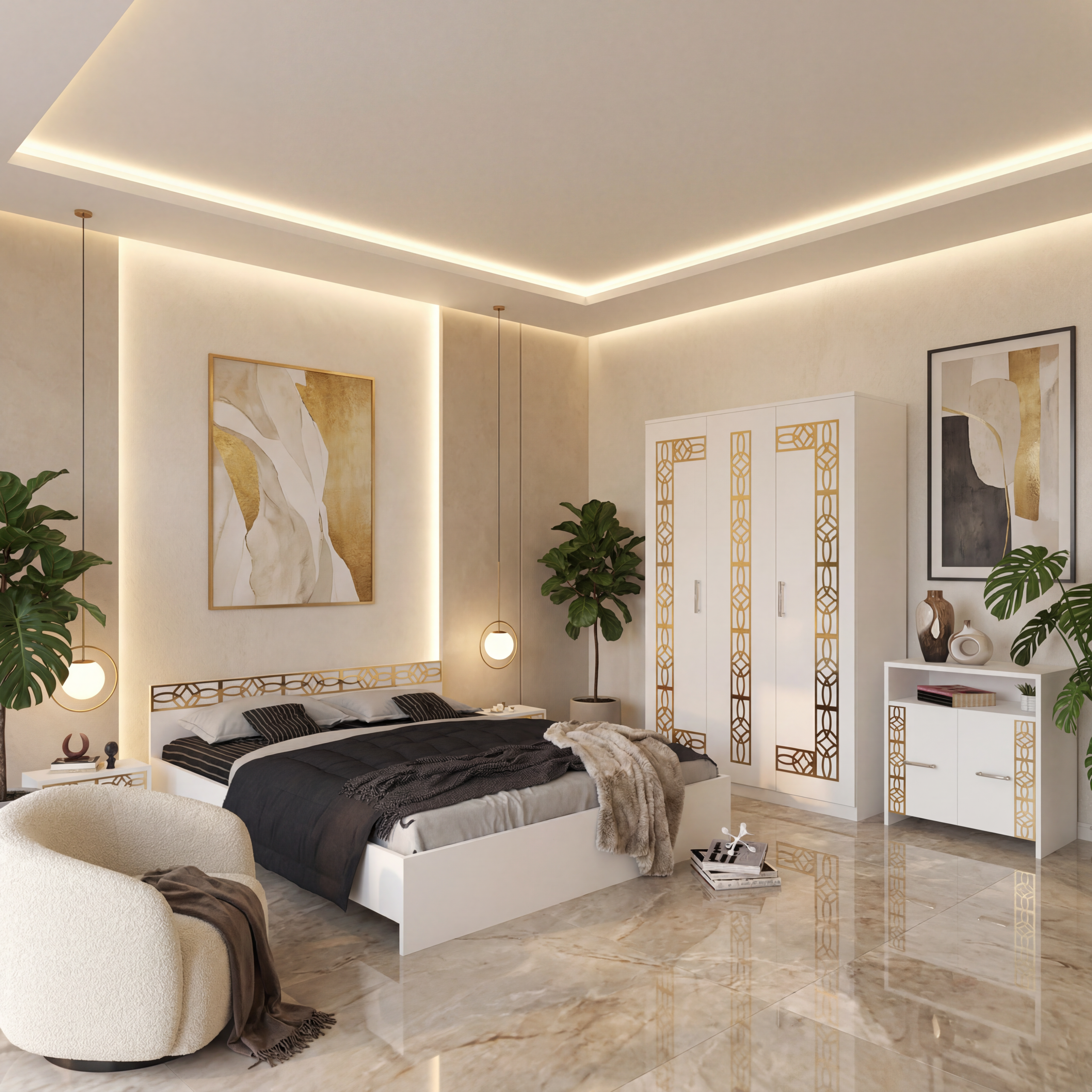 Dormitor Zoe Gold Alb Dulap Pat cu 2 noptiere si Comoda