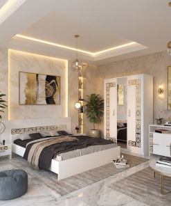 Dormitor Zoe Gold Alb Dulap cu Oglinda Pat cu 2 noptiere si Comoda