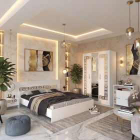 Dormitor Zoe Gold Alb Dulap cu Oglinda Pat cu 2 noptiere si Comoda