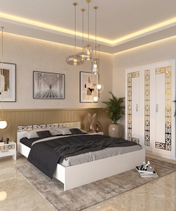 Dormitor Zoe Gold Alb Dulap si Pat cu 2 Noptiere