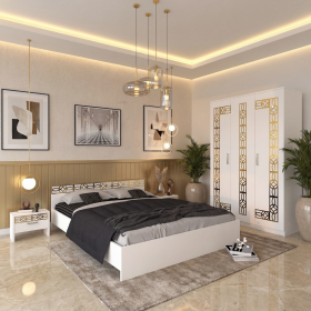 Dormitor Zoe Gold Alb Dulap si Pat cu 2 Noptiere