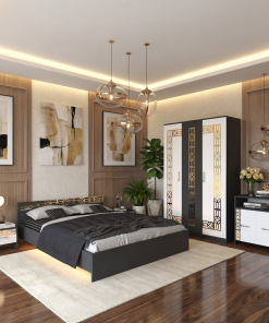 Dormitor Zoe Gold Gri Dulap Pat cu 2 noptiere si Comoda