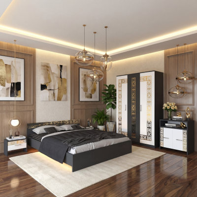 Dormitor Zoe Gold Gri Dulap Pat cu 2 noptiere si Comoda