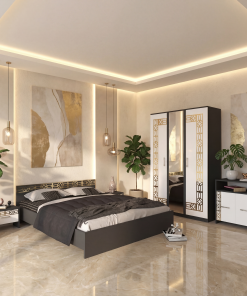 Dormitor Zoe Gold Gri Dulap cu Oglinda Pat cu 2 noptiere si Comoda