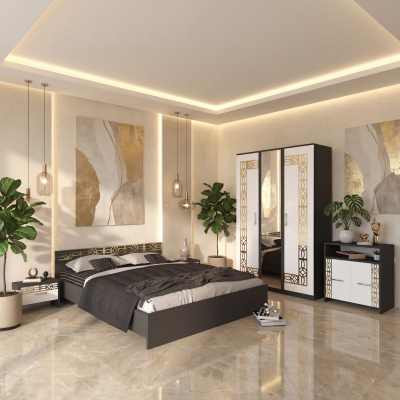 Dormitor Zoe Gold Gri Dulap Cu Oglinda si Pat cu 2 Noptiere